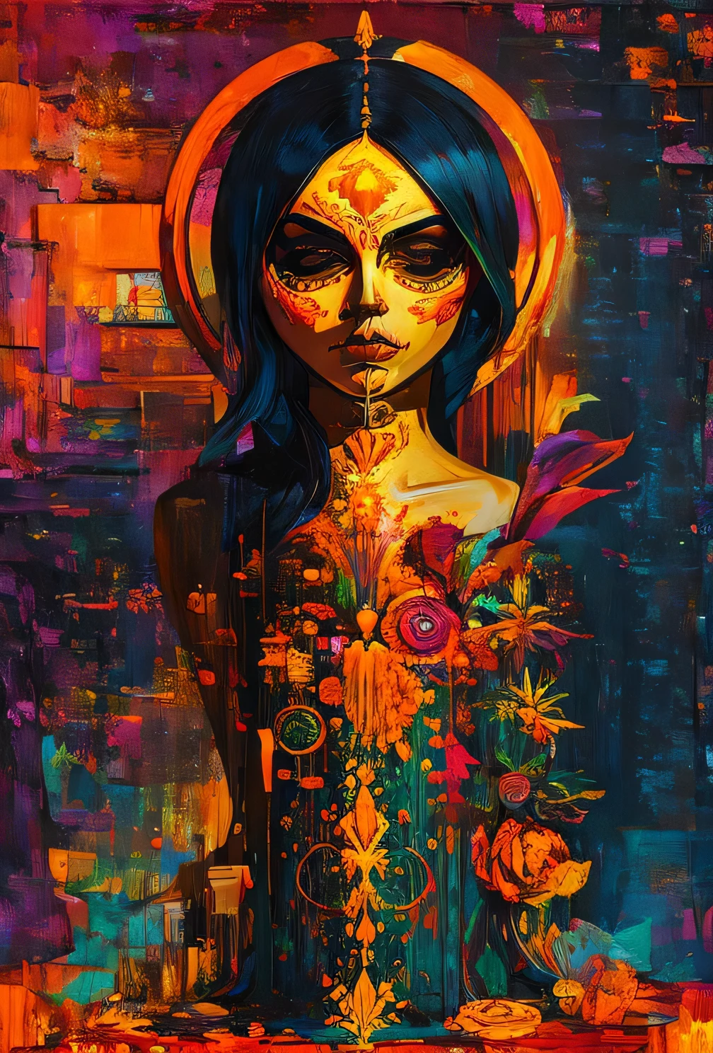 OrangeScale : Sensual Jasmine GlitchArt : abstract, vibrant, animated : solitary melancholic atmosphere --v 5 --stylize 1000