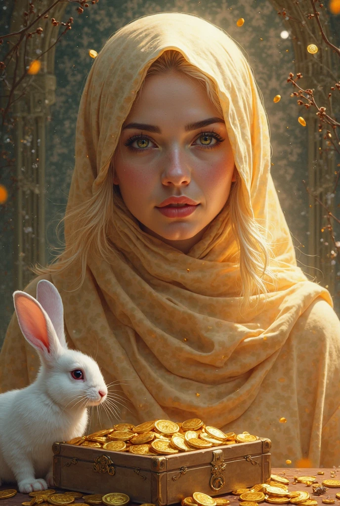   A beautiful, blonde hijab woman with a box of gold coins next to her and behind her is a rabbit  