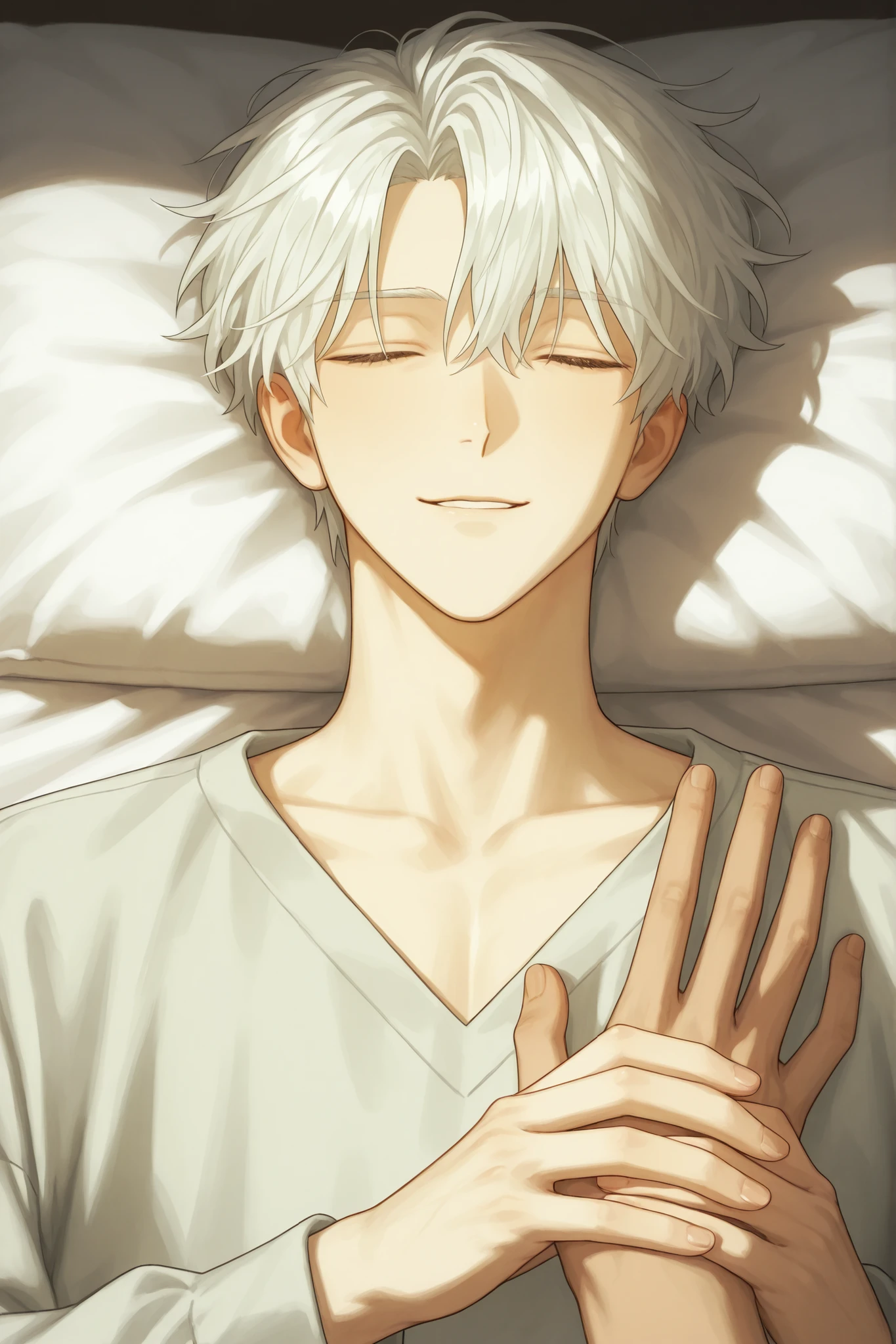 (1 male with gentle smile, tousled white hair, light gray v-neck shirt, relaxed pose, lying on bed, looking directly, serene expression, fair smooth skin), male's fingers gently intertwined, indoor setting, soft morning light, light from right, warm and intimate atmosphere, close-up shot, focus on character, calm and peaceful mood, male holding female's hand, in bed together