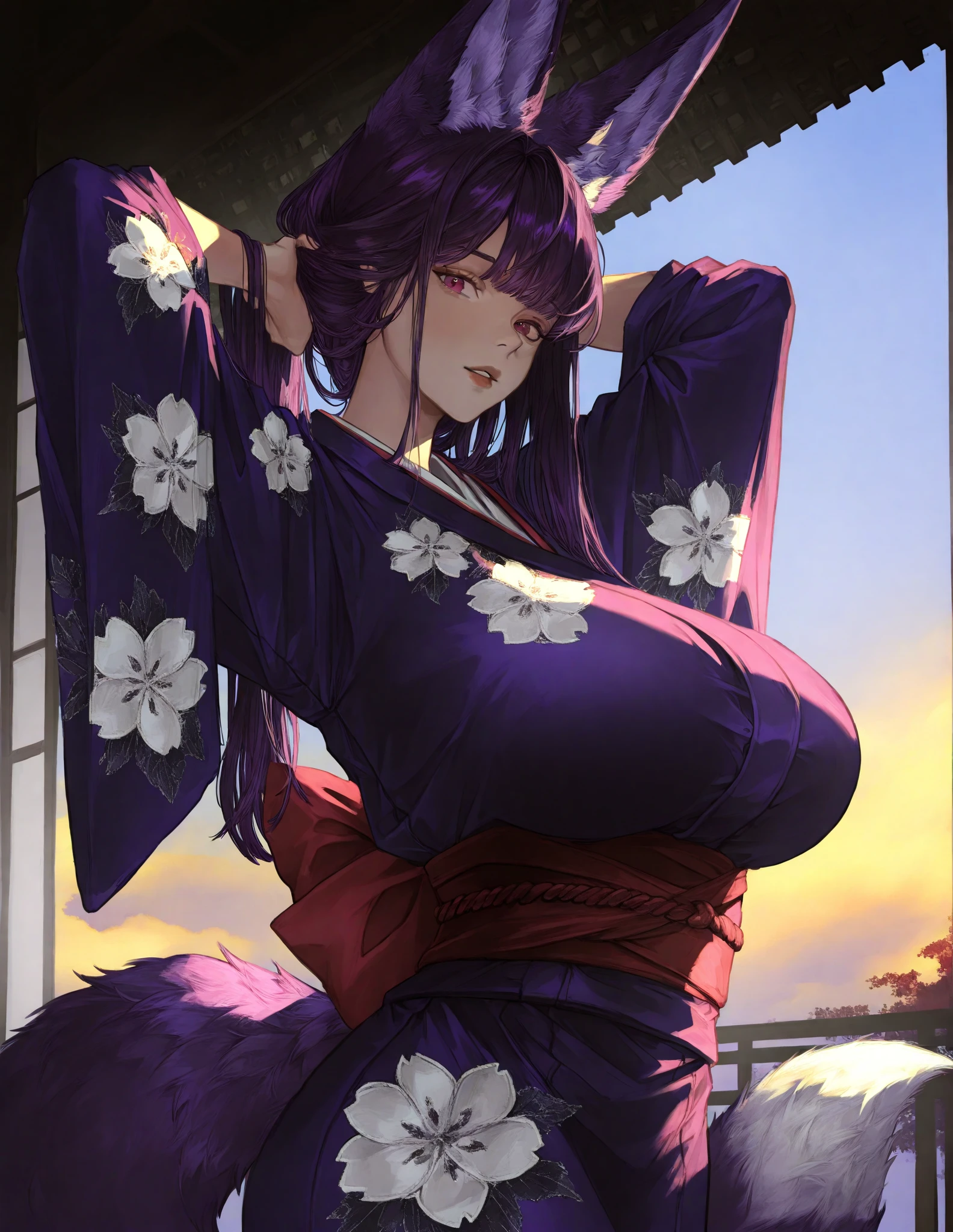 masterpiece, best quality, 1girl. Anime. Purple hair, pink strands in hair, yellow eyes, slit pupils, kitsune, big boobs, curvaceous, sweet expression, smiling, long hair, kimono, black kimono, purple kimono, white flowers, in the forest, kimono is fully closed, kimono covering chest and body, fluffy tail, fluffy ears
