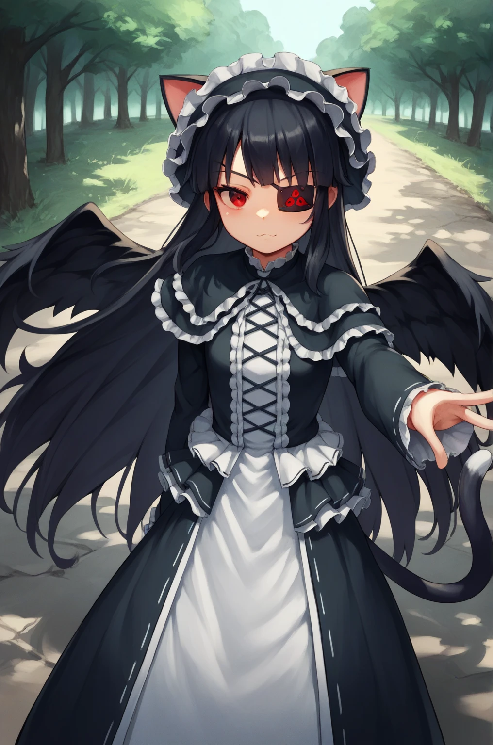 anime artwork, score_9, score_8_up, score_7_up, score_6_up, score_5_up, score_4_up, source_anime, BREAK, thick outline, long dress, footpath, lightpost, trees
Mirai_XL, long black hair, eyepatch, red eye, small breasts, BREAK, Mirai_Shinobi, frilled hat with cat ears, dress, frills, capelet, long sleeves, black wings, cat tail, BREAK, outdoors, selfie,
