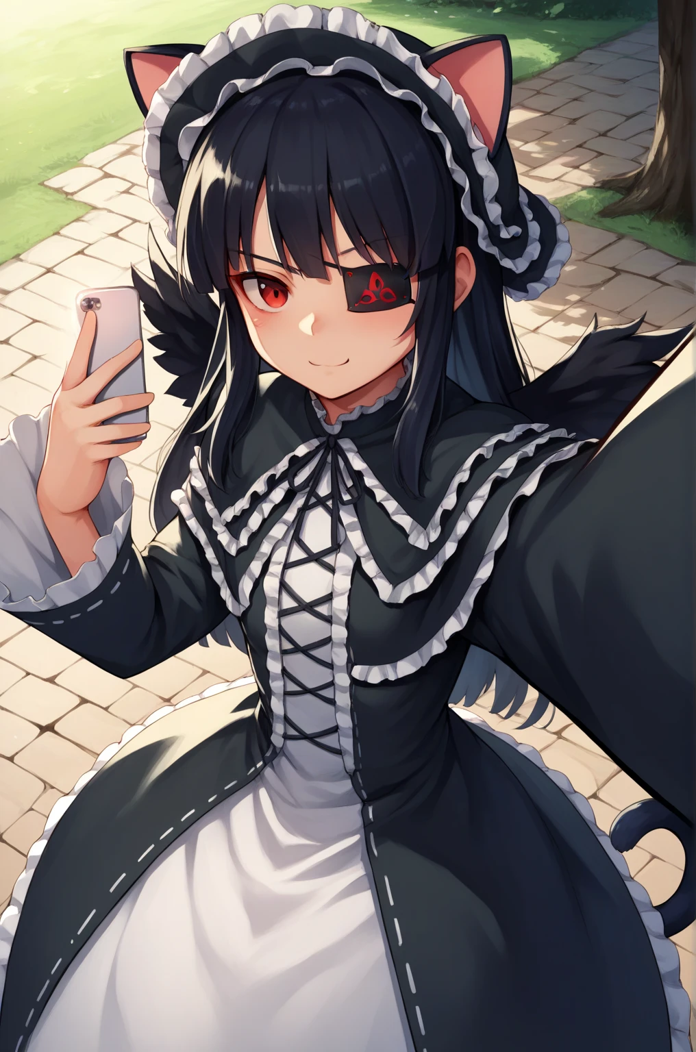 anime artwork, score_9, score_8_up, score_7_up, score_6_up, score_5_up, score_4_up, source_anime, BREAK, thick outline, long dress, footpath, lightpost, trees
Mirai_XL, long black hair, eyepatch, red eye, small breasts, BREAK, Mirai_Shinobi, frilled hat with cat ears, dress, frills, capelet, long sleeves, black wings, cat tail, BREAK, outdoors, selfie,