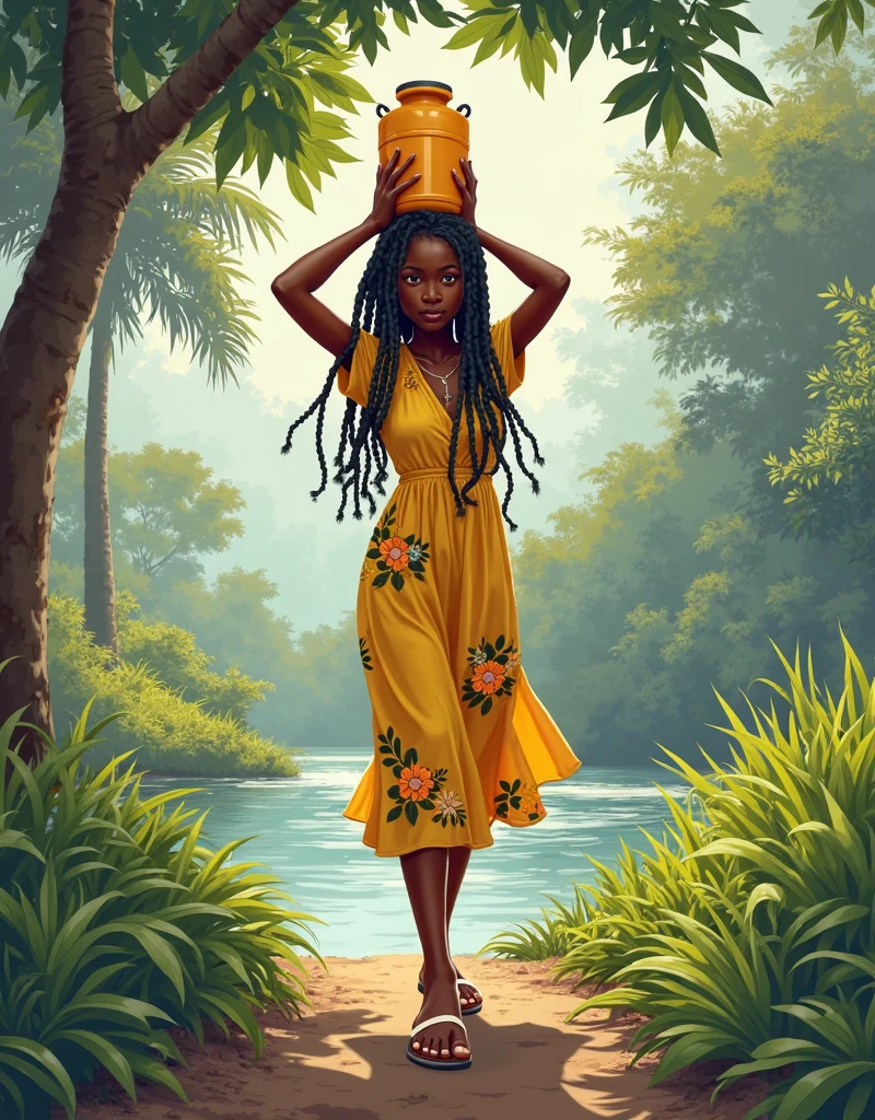 A beautiful young African girl seen from the front, naturally beautiful with well-braided hair, wearing a long-sleeved yellow floral dress and white sandals. She is walking with grace, carrying a filled water container on her head, both hands held close—left and right—to stabilize it. The road has a small river running through it, surrounded by lush green grass and moist trees, with visible dew and sun rays breaking through the foliage. The atmosphere combines early morning humidity with soft sunlight. The image should be clean, smooth, and detailed, drawn in a classic pop art comic book style, high contrast and vibrant colors.


