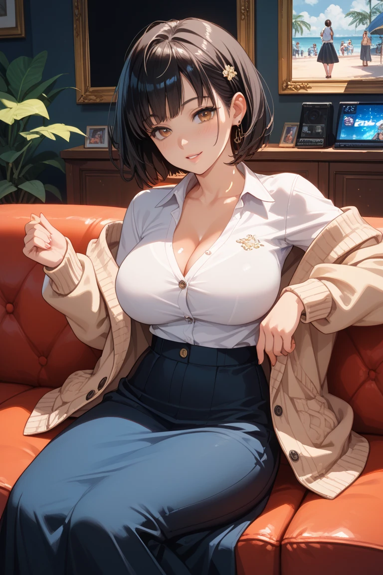 (((She buttons her blouse and opens it:2.4. A long red skirt, a white bra is visible, and a classy white short-sleeved blouse))),(((Apartment room、Sitting in a chair、Anxious expression、Tea on the table:1.3)))Mid-length bob cut hair:1.9. Big breasts:1.6、(((1 Female:1.3))), (((Brown Hair:1.3. Wavy Hair:1.5. Bob Cut Hair:1.9 Round Eyes Beauty:1.3. Shapely breasts, brown eyes, side-swept bangs, red cheeks:1.3 Sweat:1.3)))、(((Top quality masterpiece high resolution perfect human body:1.3))),(((Sweat:1.3,cute:1.3)))