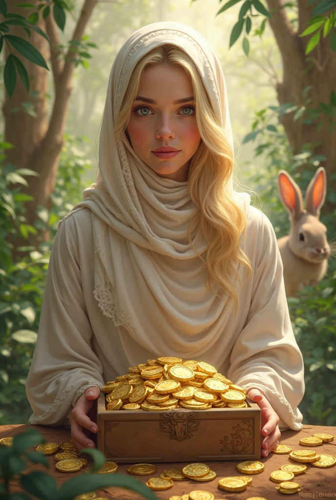   A beautiful, blonde hijab woman sitting next to her is a box of gold coins and behind her is a rabbit  