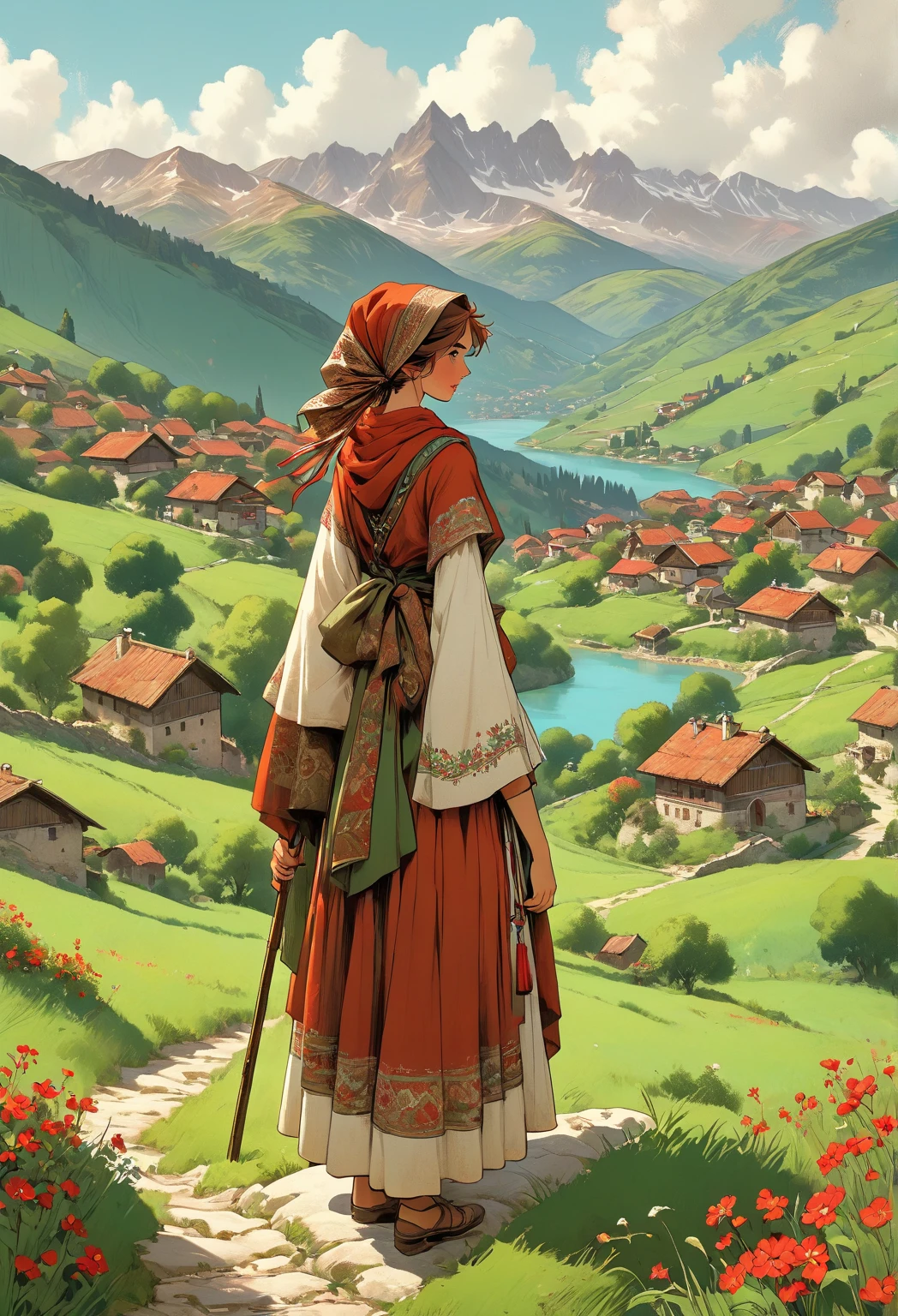 A woman standing looking into the distance, back facing towards the camera, wearing a reddish-brown dress and a brown veil, standing on a large brownish-gray rock, on a green hill filled with grass and a few small red flowers in the lower right part, holding a brown cane in her right hand, looking towards a wide valley with a dense view of the village with a dense view of the village with small houses with red roofs, surrounded by a green field divided by a light brown path, lush green trees clusters spread around the village and hillsides, in the distance appears a turquoise-blue lake surrounded by higher green hills, a backdrop of towering mountains with rocky peaks and partly covered in white clouds, bright blue sky with cumulus white clouds scattered all over, soft natural light illuminates the entire scene, vast landscape perspective and detail, composition balanced between foreground, middle ground, dan background.