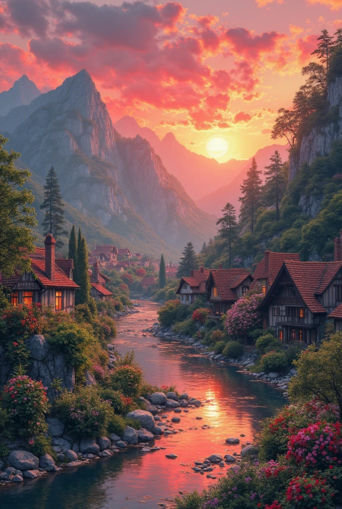 A small village on the river, mountains in the background, colorful flowers, detailed landscape, beautiful natural landscapes, atmospheric lighting,  glowing red sunset, warm colors, praktisch, photorealistic, detailed foliage, complex buildings,  cobblestone street, charming country house, swirling vivid colors, lush vegetation, quiet water reflections, malerisch, idyllisch, a work of art, best quality, 8k, extremely detailed, Anime-Stil