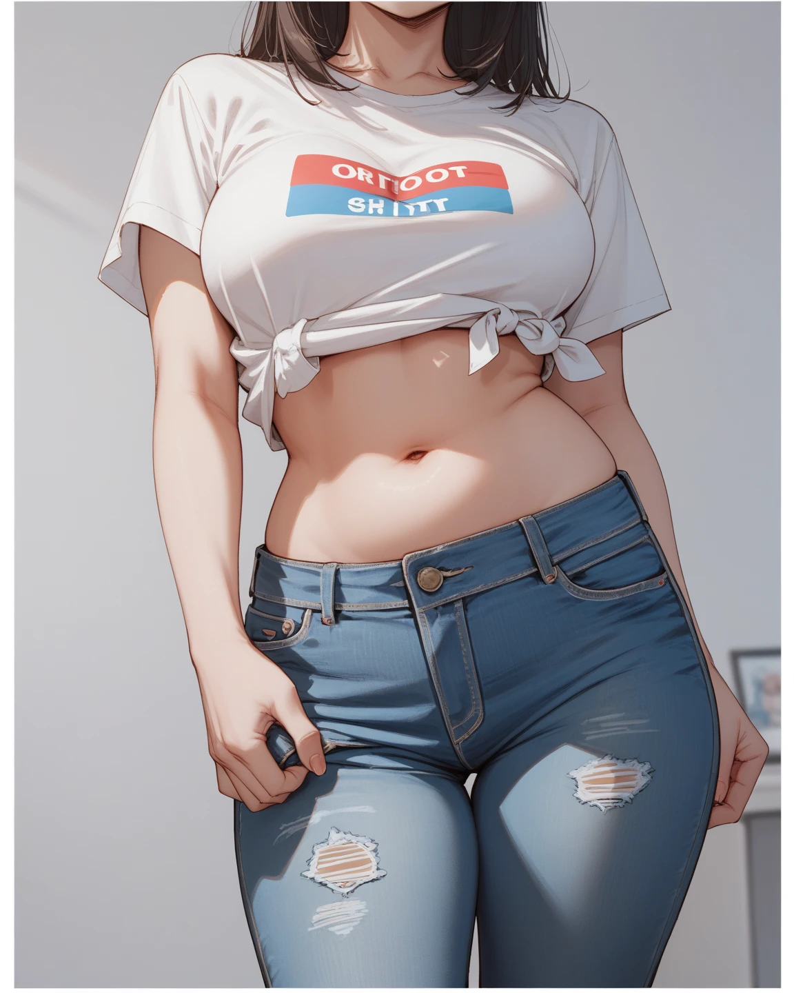 Full body shot of a slim muscular female college girl with large breasts and a large butt, a buzz cut, pale skin, freckles and blue eyes and no makeup wearing tight jeans, a white t shirt and a red unbuttoned flannel in a bar trying to look intimidating