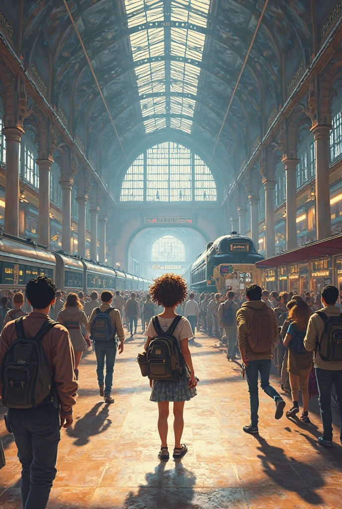 Create a picture of ren on a tour to  a train station 