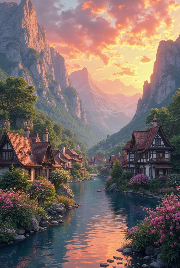 a small village by the river, mountains in the background, floral flowers colorful, detailed landscape, Beautiful natural landscapes, atmospheric lighting, scorching sunset, warm colours, practical, photopractical, Detailed Foliage, complex buildings, cobblestone street, Charming country house, swirly vibrant colors, lush vegetation, Still water reflections, Picturesque, idyllic, work of art, best qualityer, 8k, extremely detaild,anime styling