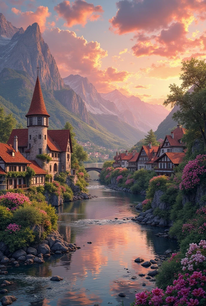 a small village by the river, mountains in the background, floral flowers colorful, detailed landscape, Beautiful natural landscapes, atmospheric lighting, scorching sunset, warm colours, practical, photopractical, Detailed Foliage, complex buildings, cobblestone street, Charming country house, swirly vibrant colors, lush vegetation, Still water reflections, Picturesque, idyllic, work of art, best qualityer, 8k, extremely detaild,anime styling