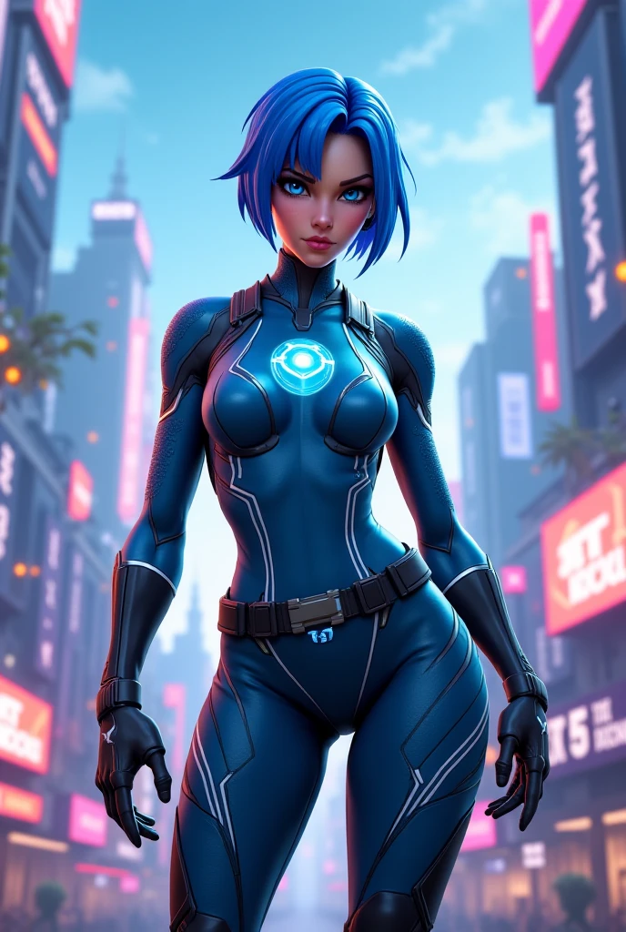 Award-winning photo from the waist up, blue-haired woman showing her face, alone, from the torso up, with cybernetic enhancements with tattoo of magical symbols, in front of cyberpunk buildings, vibrant, photorealistic, hyperrealism, strong impressionist painting style, 1,618, elegant, ethereal, intricate, elaborate, hyper-realism, hyper-detailed, strong expressiveness and emotionality, cinematic lighting, visual clarity