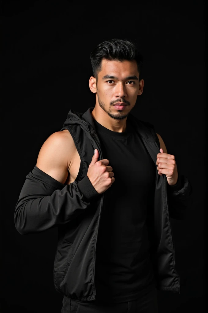 masterpiece,Tall Asian male，muscular，Simple background, Looking at the audience, A faint smile, shorts, hoodie,sports shoes,Simple background, whole body, whole body照