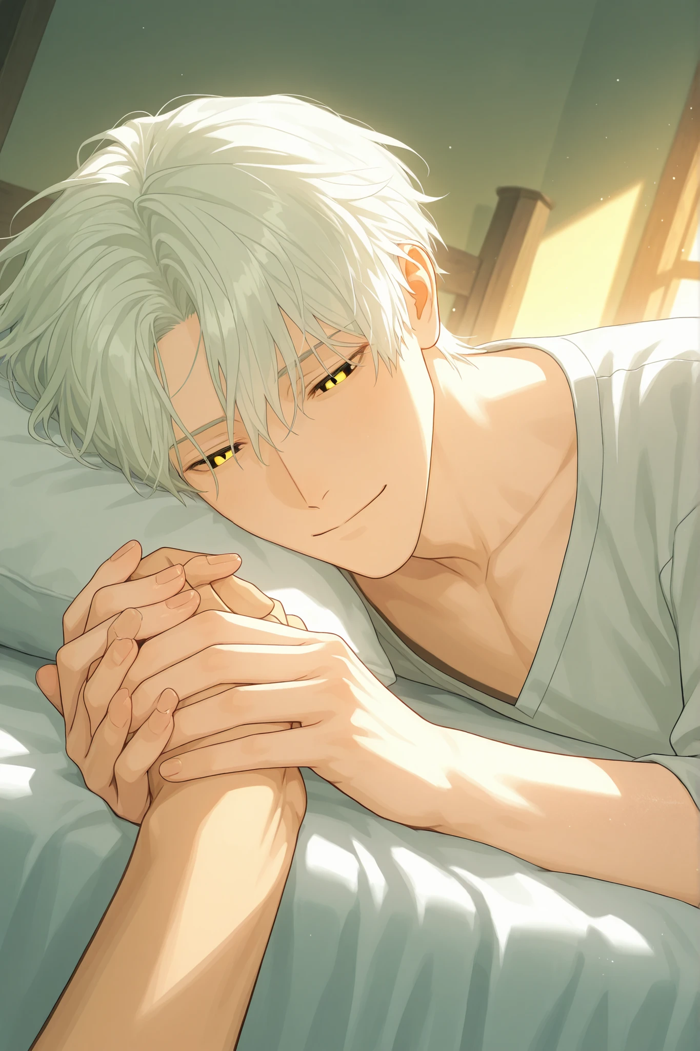 (1 male with gentle smile, tousled white hair, sliver eyes, light gray u-neck shirt, relaxed pose, lying on bed, looking directly, serene expression, fair smooth skin), male's fingers gently intertwined, indoor setting, soft morning light, light from right, warm and intimate atmosphere, close-up shot, focus on character, calm and peaceful mood, male holding female's hand, in bed together. 1 female hand holding male hand on the bed together