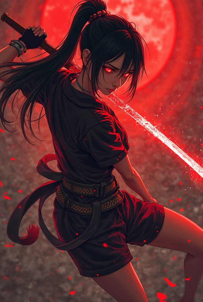 1girl,Above, high angle,from the side,female fighter, kunoichi, waves a katana, cybernetic eye activates.Energy leaking from eye. . Contrast with red glowing cybernetic eyes. ,Blazing Red. edge-lit,stylish pose. Struggle. bent. One suspiciously glowing cybernetic eye.  fighting stance.,dynamic composition, active angle.  hard lighting , contrast improvement, cyber glow. tail. shorts. fingerless gloves.jojo pose ,(masterpiece, sneakers in detail:1.2),hand,xSS,fantasy_eyes