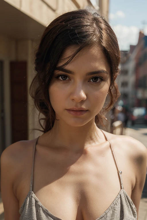 (8k, highest quality, ultra detailed:1.37), (Janette), 18yo, (an Afrikaner college girl), radiates bohemian beauty. Dressed in a low cut dress. The high-resolution image captures ultra-detailed realism, highlighting Janette's captivating eyes, long eyelashes, and flawless complexion. London bridge, sunny day.