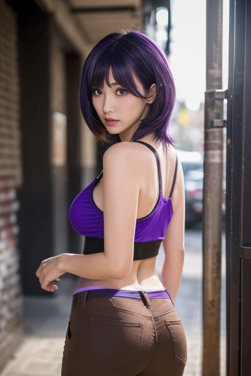 Transparent tank top、Transparent nipples with a sheer look、See-through transparent underwear、Leaning forward、hot spring、Showing off her sexy ass、Ponytail purple hair