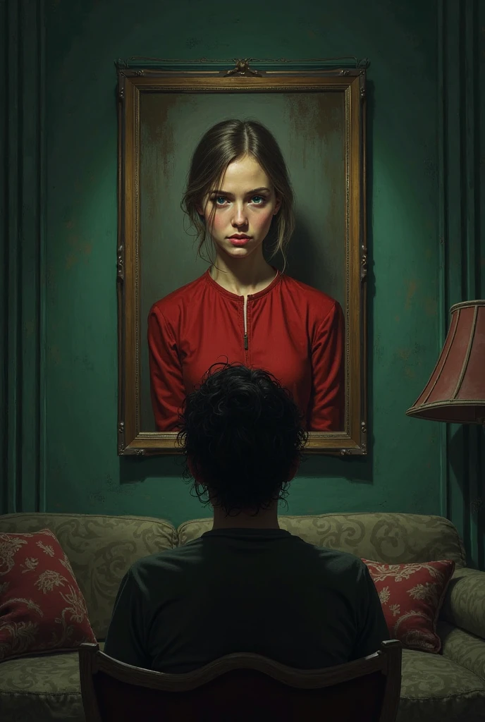 In England. a person sitting, feeling disturbed when looking at a painting (Portrait of a girl in red) in your living room (with dark green elements).