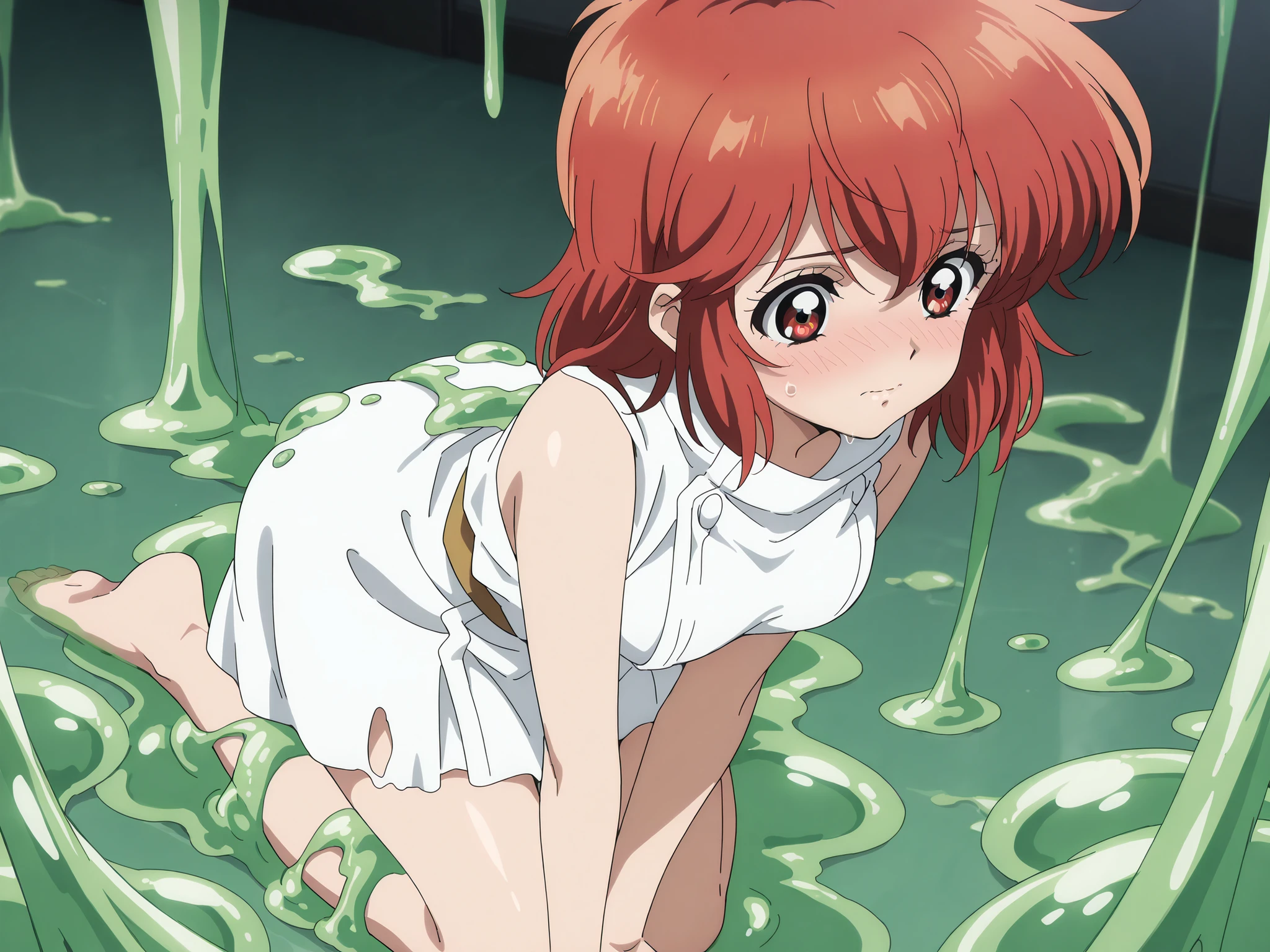 yoko, 1girl,solo, red hair,red eyes, short hair, score_8_up, score_7_up, score_6_up, score_9, illustration,retro artstyle,shiny skin,masterpiece,general,highres, ultra-detailed,very aesthetic,best quality ,best hands,best eyes,easynegative,game cg,anime screencap,green slime,large melted green substance slime spread across body, entire body is covered in large melted green substance slime,lots of melted green substance slime on body,embarrassed,orgasm,ecstasy,blush,whole body,barefoot,melted torn white dress,slime on breasts,slime on shoulder,slime on thighs,slime on back,slime on hip,slime on ass,large melted green substance slime spread across floor,large melted green substance slime spread across room,slime tentacles,slime grabbing breasts,slime grabbing ass,slime grabbing shoulder,slime grabbing ancles,slime grabbing legs,slime grabbing arms,large melted green substance slime spread room,large melted green substance slime spread across body,kneeling