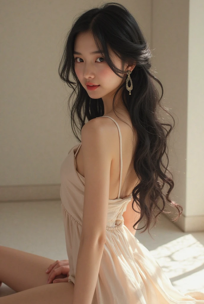 there is a woman that is sitting at a table with a plate, soft portrait shot 8 k, soft light from the side, portrait soft light, delicate soft hazy lighting, ethereal beauty, beautiful soft lighting, light effect. feminine, asian girl with long hair, photo taken with nikon d 7 5 0, photo taken with nikon d750, beauty woman