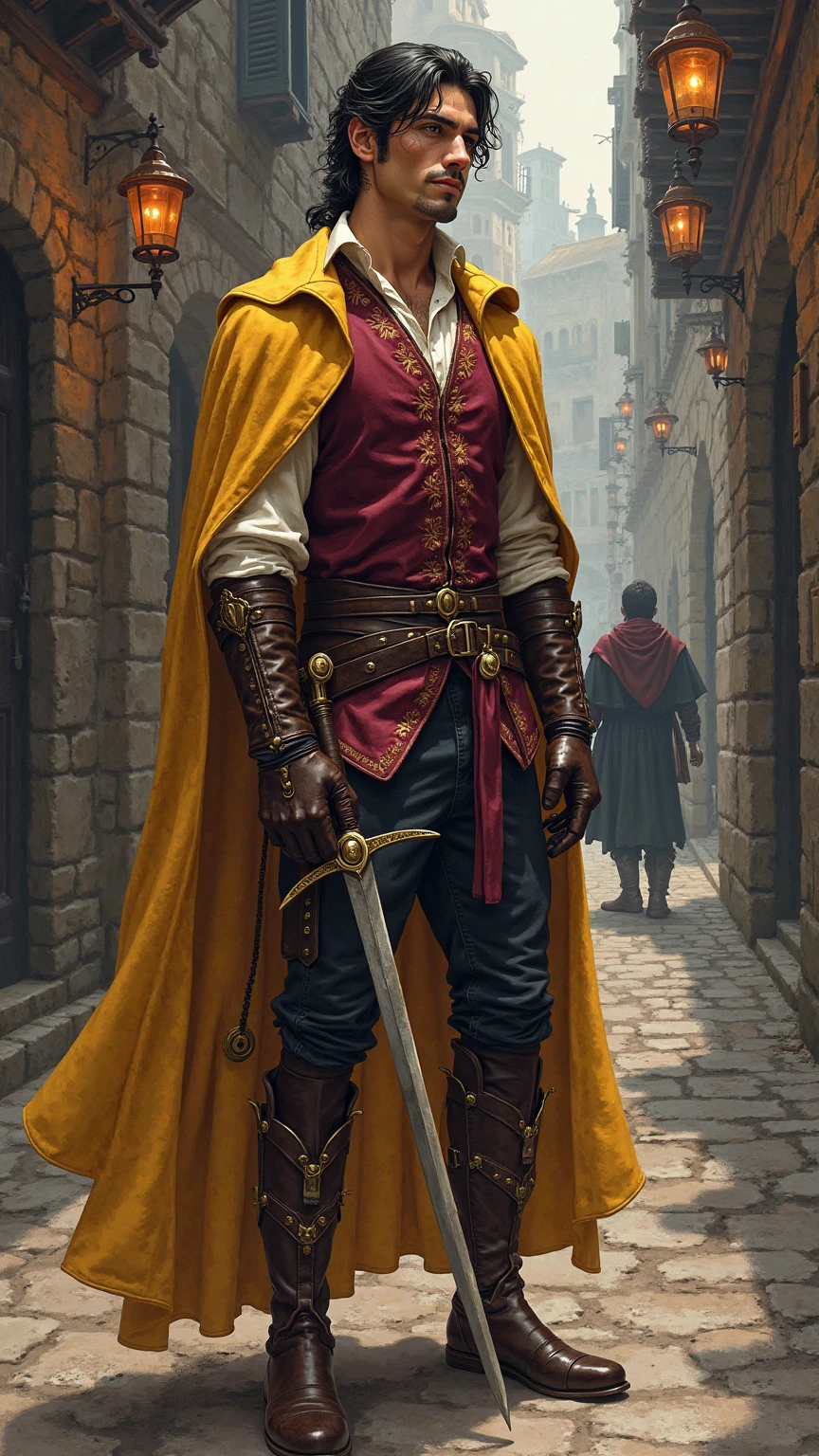 A realistic medieval fantasy portrait of Terro, a 25-year-old Braavosi bravo, standing confidently in the narrow, misty streets of Braavos, the city of canals and shadows. Terro is lithe and poised, his stance elegant yet dangerous—like a dancer with a blade. His dark hair is swept back in loose, confident waves, and a sharp, knowing smile curves his lips as if daring onlookers to test his skill.

He wears a flamboyant burgundy brocade doublet, embroidered with subtle gold patterns that catch the low lamplight, and draped over his shoulders is a flowing yellow cloak, the color bright and bold against the city’s gloom. At his side hangs a slender, gleaming bravo’s sword, perfectly balanced for lightning-fast thrusts. His gloved hand rests casually on the hilt, ready for action but never rushed.

The background is a canal-side alley with worn cobblestones, shuttered windows, and flickering lanterns casting long shadows. Another bravo watches from across the square, tension simmering in the air, but Terro stands calm, self-assured—eager, even, to display his skill.

Style: rich and cinematic, with romantic flair, vibrant color accents, and sharp detail. A mood of swagger, elegance, and danger in a city of secrets and style. 

The colors are natural and muted, with earthy tones and subtle highlights reflecting the sunlight. The thick ink lines and detailed shading evoke the classic style of medieval comic adaptations.