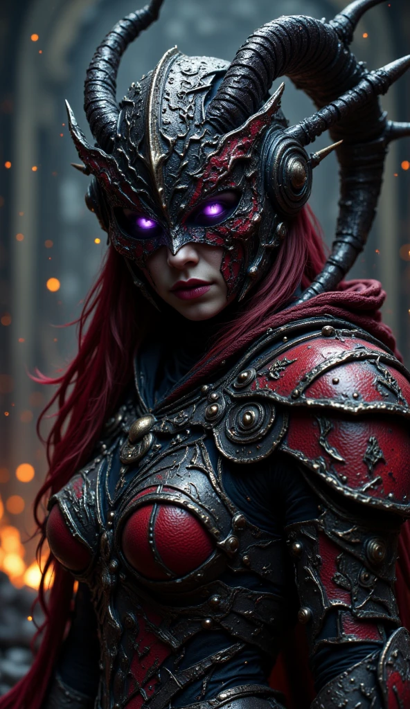 A powerful dark fantasy female warrior in elaborate crimson and black armor, close-up portrait. She wears an intricately designed spiked helmet with demonic motifs and a mask that partially obscures her face. Her eyes glow with a piercing violet intensity, radiating fury and determination. Her long, flowing dark red hair streams from beneath the helmet. The armor features sharp edges, blood-red accents, dragon-scale patterns, and gothic metallic textures, exuding a hellish, infernal presence.
The background is moody and minimal, softly blurred with floating embers and ash, enhancing the dramatic focus on her expression and armor. Cinematic lighting with high contrast, hyper-detailed, digital fantasy illustration style. Concept art quality, 4K ultra-resolution, dynamic shading, intense visual energy. (Greg Rutkowski, Artgerm, dark souls style influence)