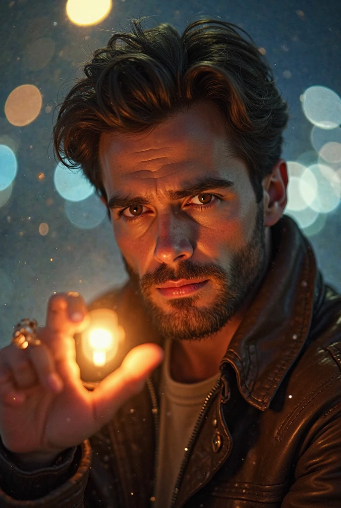 A 20-year-old man brown hair, light beard, muscular,er ist 1, 80 meters tall . He is wearing a leather jacket flashing light from his fingers. His face is serious. he has dark brown eyes with thick eyebrows and eyelashes. He has a distinctive kifer. slightly tanned skin. he should look extremely realistic and human