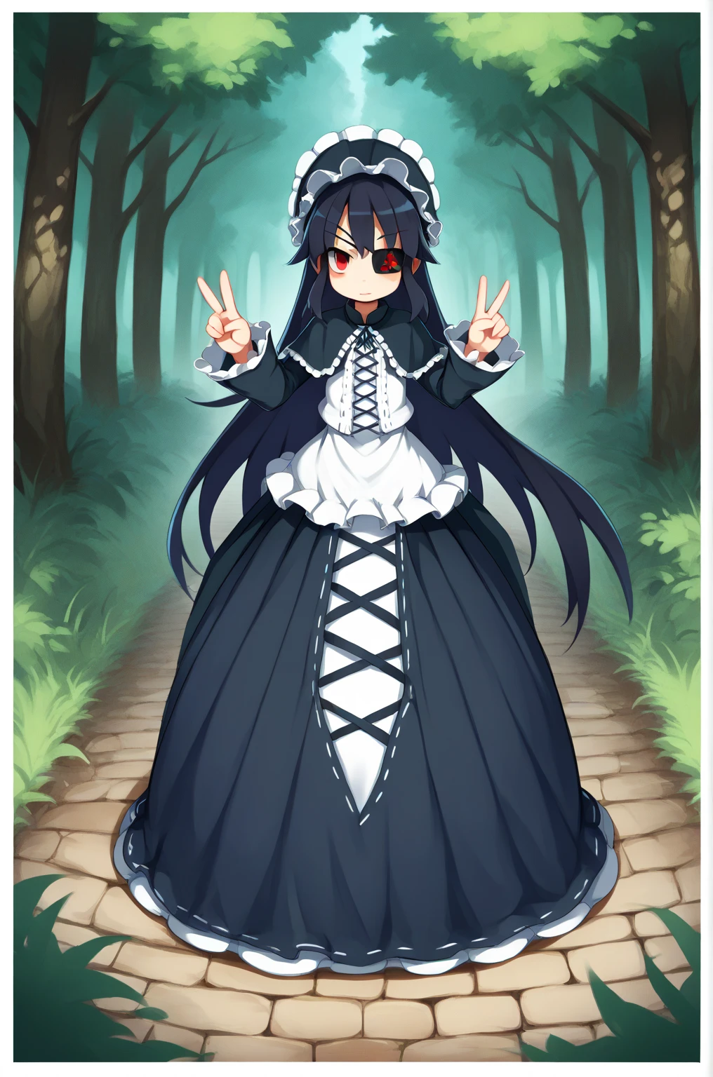anime artwork, score_9, score_8_up, score_7_up, score_6_up, score_5_up, score_4_up, source_anime, BREAK, thick outline, long dress, footpath, lightpost, trees, v
Mirai_XL, long black hair, eyepatch, red eye, small breasts, BREAK, Mirai_Shinobi, frilled headdress, dress, frills, capelet, long sleeves, BREAK, outdoors,