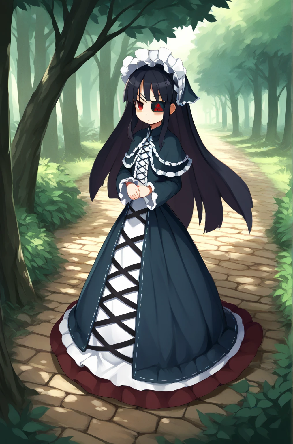 anime artwork, score_9, score_8_up, score_7_up, score_6_up, score_5_up, score_4_up, source_anime, BREAK, thick outline, long dress, footpath, lightpost, trees, v
Mirai_XL, long black hair, eyepatch, red eye, small breasts, BREAK, Mirai_Shinobi, frilled headdress, dress, frills, capelet, long sleeves, BREAK, outdoors,