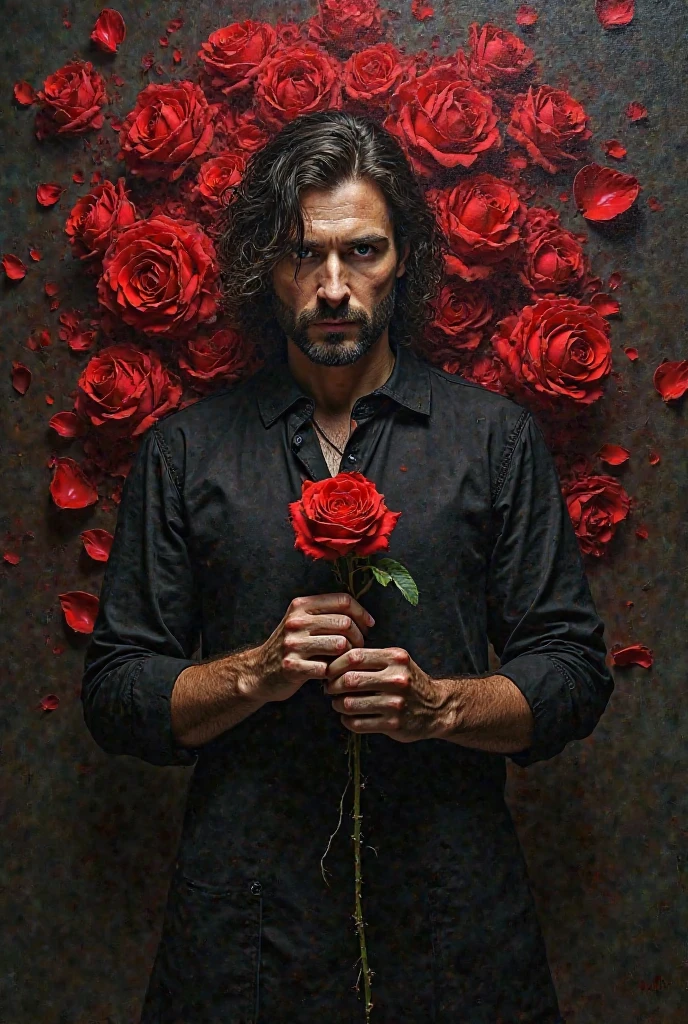 Painted guy with red rose petals around him and one rose he is holding in his hands. The background is dark