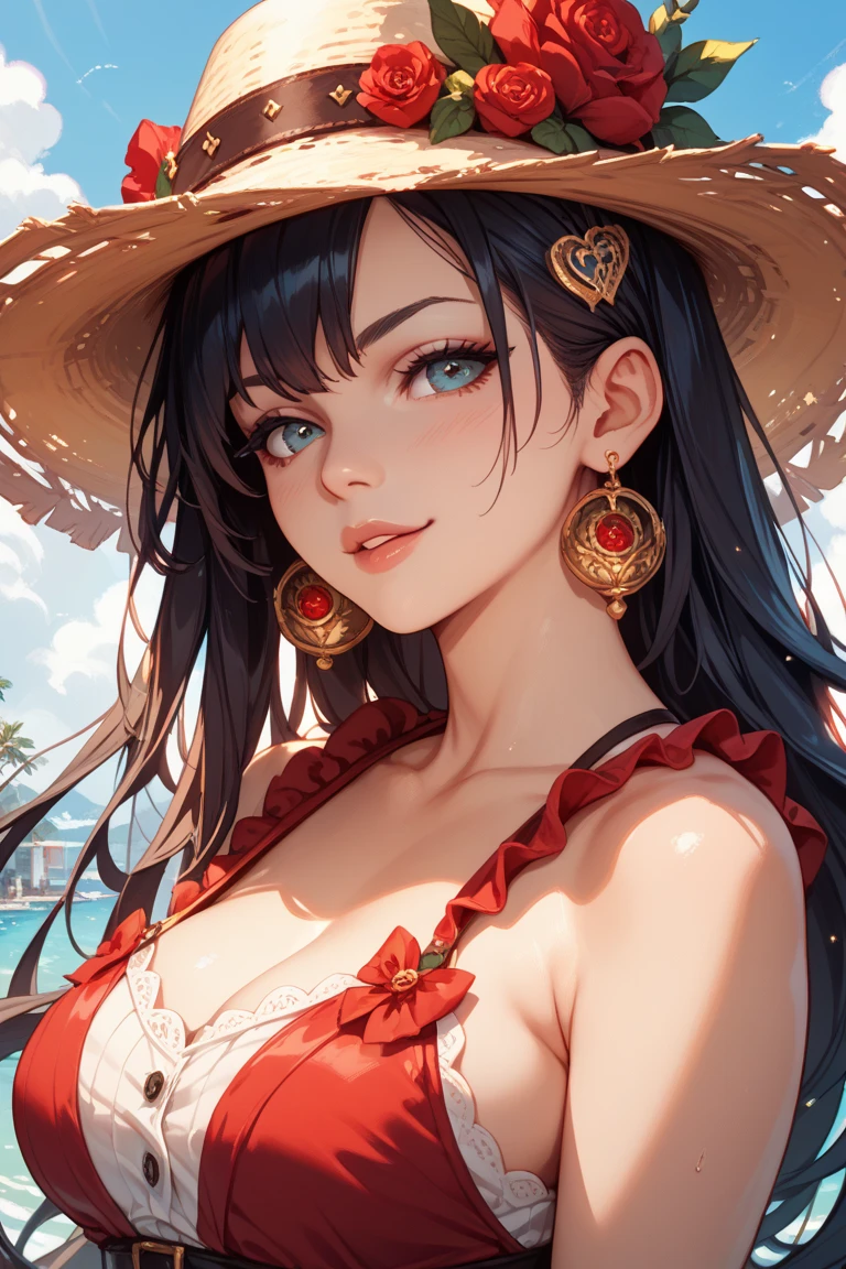 ((masterpiece)),(bestquality),((ultra-detailed)), (beautiful detailed face), depth of field,detailed,((beautiful detailed eyes)), big breast, beidoudef, eye patch, body 3:4, in a pirate boat. Laughing and drinking a bottle of rum.