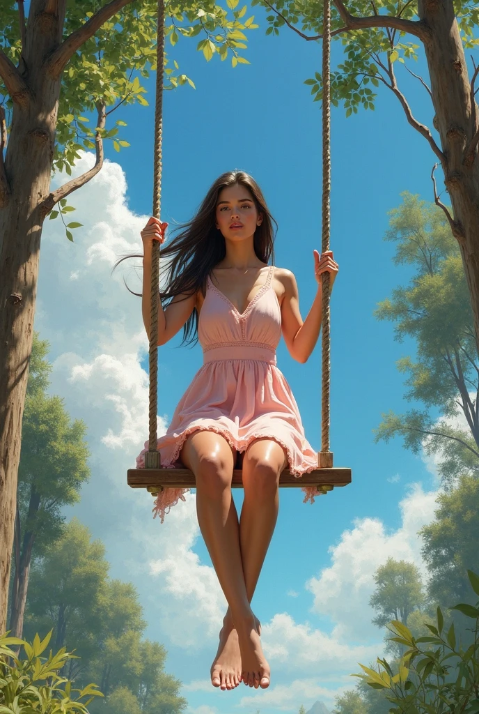 super realistic oil painting digital illustration masterpiece, best quality, Dynamic Angle, camera capture from below. A beautiful young woman with straight black hair, wearing a pink sleeveless dress barefoot. Swinging on a wooden swing. The trees, blue sky and clouds are visible. Very detailed