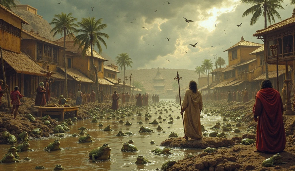A chaotic scene of countless frogs swarming an Egyptian village, leaping onto tables, beds, and streets. Terrified Egyptians try to sweep them away as the creatures spill from the muddy Nile. In the distance, Moses and Aaron stand by the riverbank, their staffs raised, while dark clouds gather overhead.