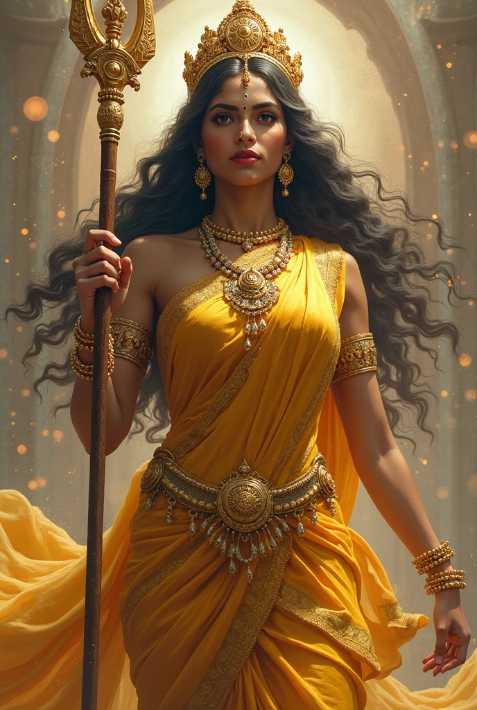 Goddess to Durga golden colour saree in trident in photo in silk saree