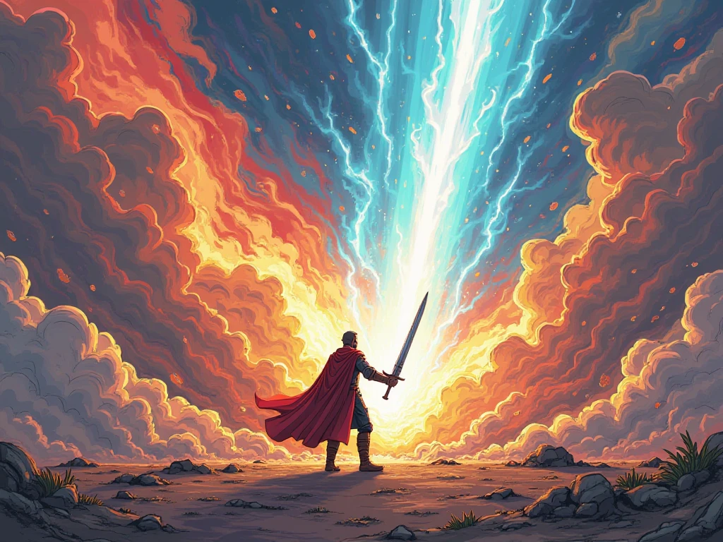 Give me the storyboard:
Magical and laser beams collide in the air, creating smoke and fire across the scene.
The camera pans to reveal a sword-wielding warrior entering the frame.
The style should be cartoony and line art.