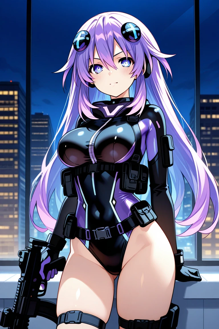 top-quality、Top image quality、masterpiece、girl with((18year old、Best Bust、big bast,Beautiful purple eyes、Breasts wide open, Purple ponytail、A slender、Large valleys、Purple Open Chest Rider Suit,Red high heels、Reflecting the whole body、Purple Necklace、Red face、Slippery texture、up chest、head phone,Holding an assault rifle in both hands))hiquality、Beautiful Art、Background with((A city that shines at night)))、Depth((Mass Flying Drones)),masutepiece、visualart、depth of fields、