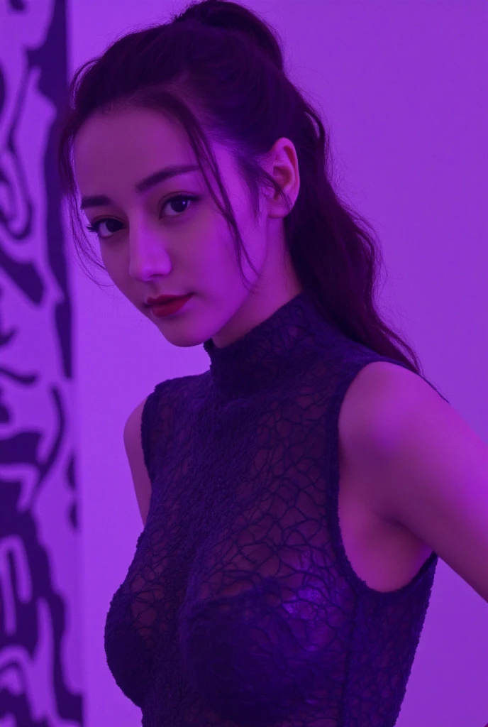 Beutiful women, 
Half a body. smoke turns into ghost, 
Capturing the essence of abstraction and mystery. With minimalist neon sketch [color purple] and smooth contours.