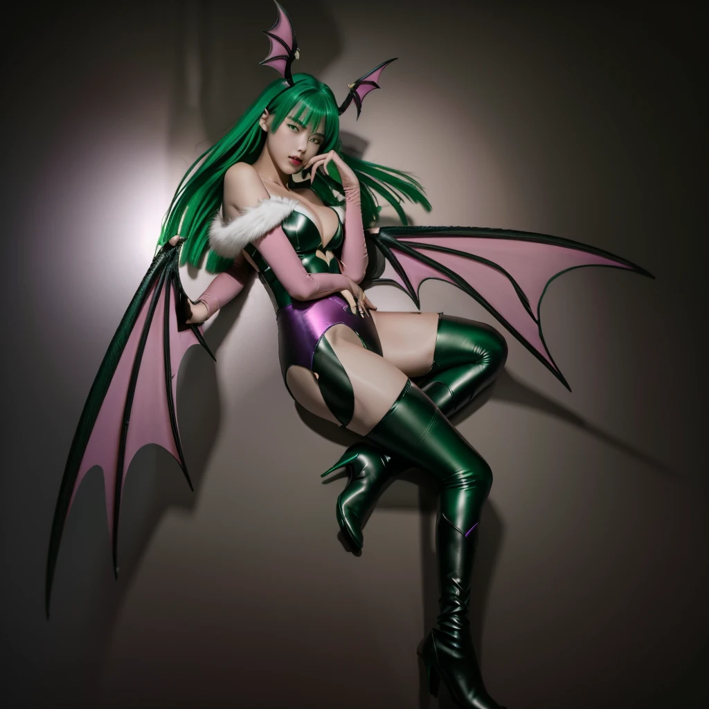 masterpiece, best quality,absurdres,CG, hd, 1girl, long hair, solo, breasts, print legwear, bat print, morrigan aensland, pantyhose, wings, head wings, large breasts, exposed ,detailed areola, bridal gauntlets, animal print, leotard, green hair, demon girl, cleavage, bare shoulders, purple pantyhose, looking at viewer, green eyes, detailed lush lips puckered, collarbone, bat wings, bangs, cowboy shot, covered navel, purple wings, low wings, black leotard, fingernails, nail polish, floating hair, fur trim, heart cutout, demon wings, standing, (leaning forward), long fingernails, bat (animal), highleg, clothing cutout, gloves, highleg leotard, motion hands blowing a kiss to viewer, parted bangs, v-shaped eyebrows, aqua eyes, pink lips, breast hold, night, aqua hair, lips, strapless, blunt bangs