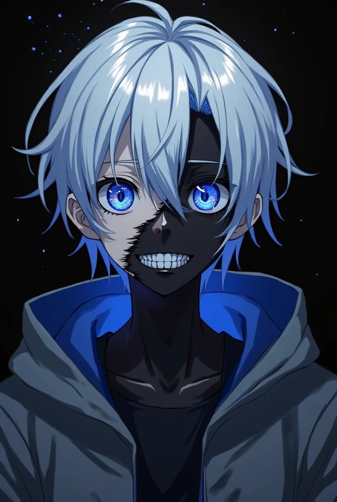 An anime character who is a magic knight, half ice and half shadows, on your face half a mask of bones White hair and half a mask of bones Show half of your face with a lumberjack beard Looking like a 17 year old,
The mask only on the left side Only white hair and black beard Remove the beard