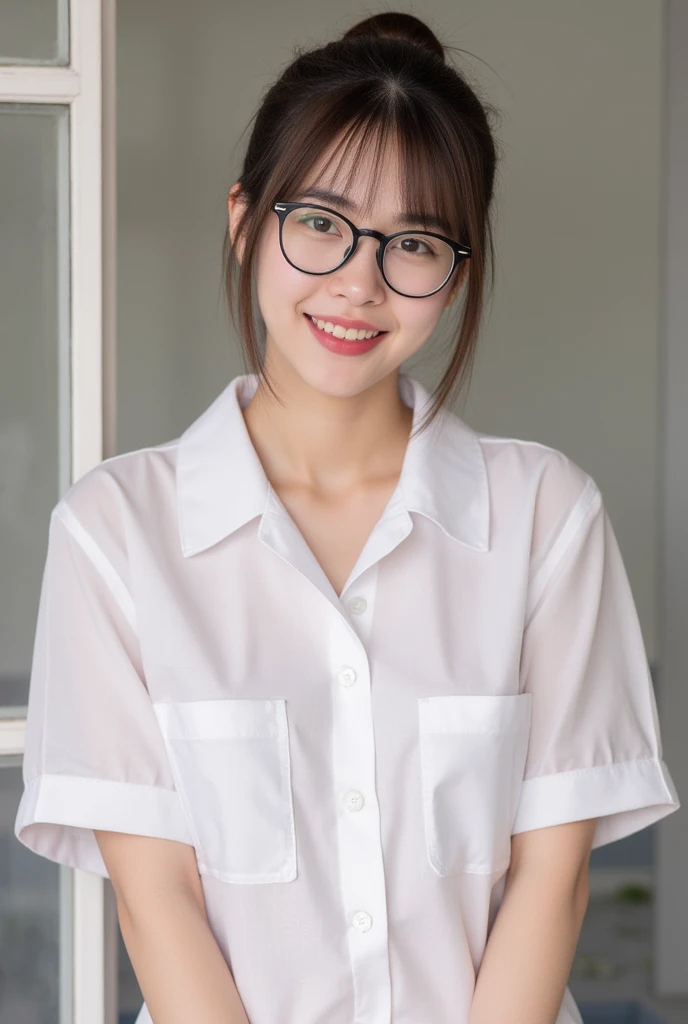 Highest quality、masterpiece、High sensitivity、High resolution、Detailed Description、Slim Body、Glasses、With a smile、Oversized shirt、Wear next to skin、Open your hands、My hands are so tight I can't even get out of my shirt、