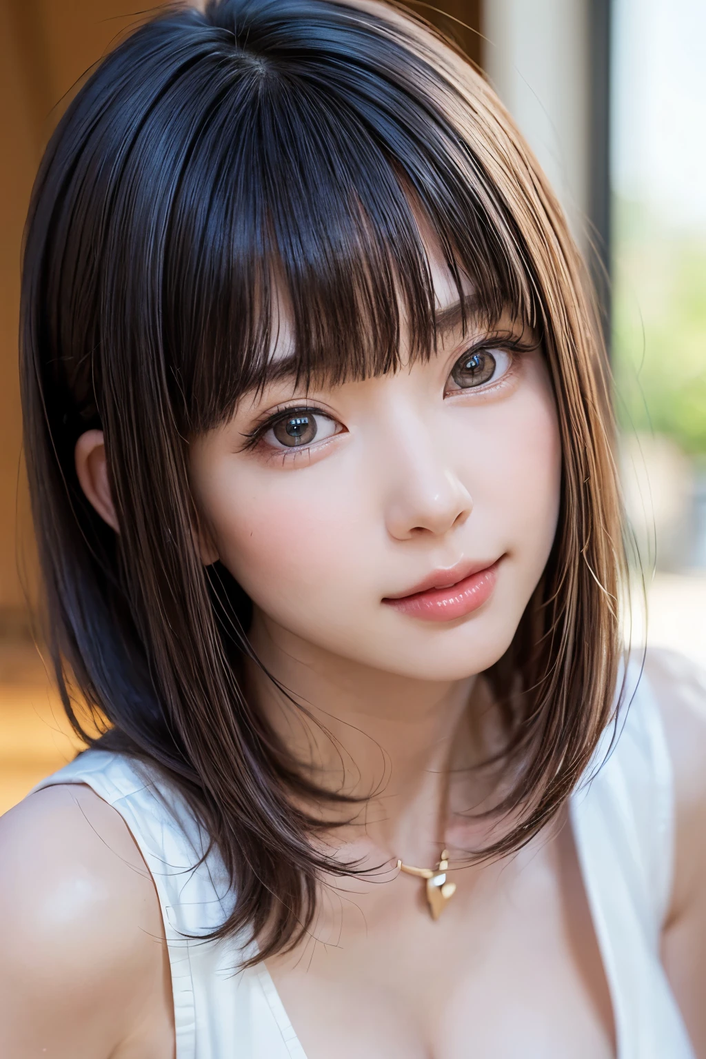 brightexpression、photorealistic stick:1.32、highest quality、超A high resolution、Photos of the most beautiful Japan girls、cute and beautiful face details、small face、(Pueros face_V1:0.008)、Beautiful bangs、14 years old、Brilliant white skin、hair gets tangled in face、Bangs that reach down to the face、bangs、hair between eyes、super long hair、charming brown silky hair、bright、Clear light blue eyes shine charmingly、ample breasts、Dynamic poses highest quality、disorganized、((the cutest girl in the world))、Japanese、14 years oldの女の子、Cafe、((lace dress:1.3))、(half up hair:1.3)、(tie with a thin ribbon)、nice and cute、innocent smile、nice smile、cleavage、(big breasts:1.3)、ponytail、brown hair、thin waist、detailed beautiful eyes、face forward、Upper body、close up of face、Front view、