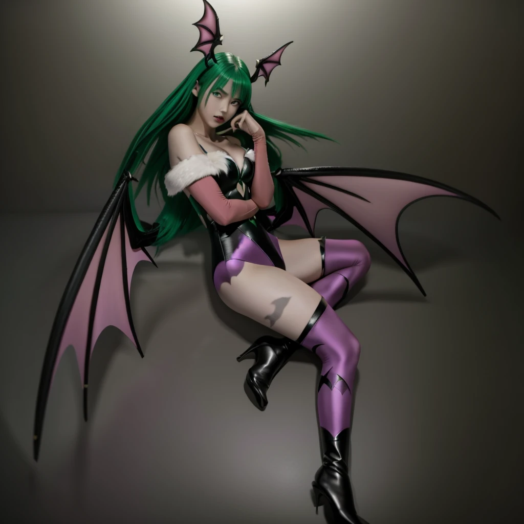 Draw a face carefully High quality anime style faces Black Hair Black full body suit Purple pantyhose with bat print Attractions Laughter Morrigan Aensland Rear View