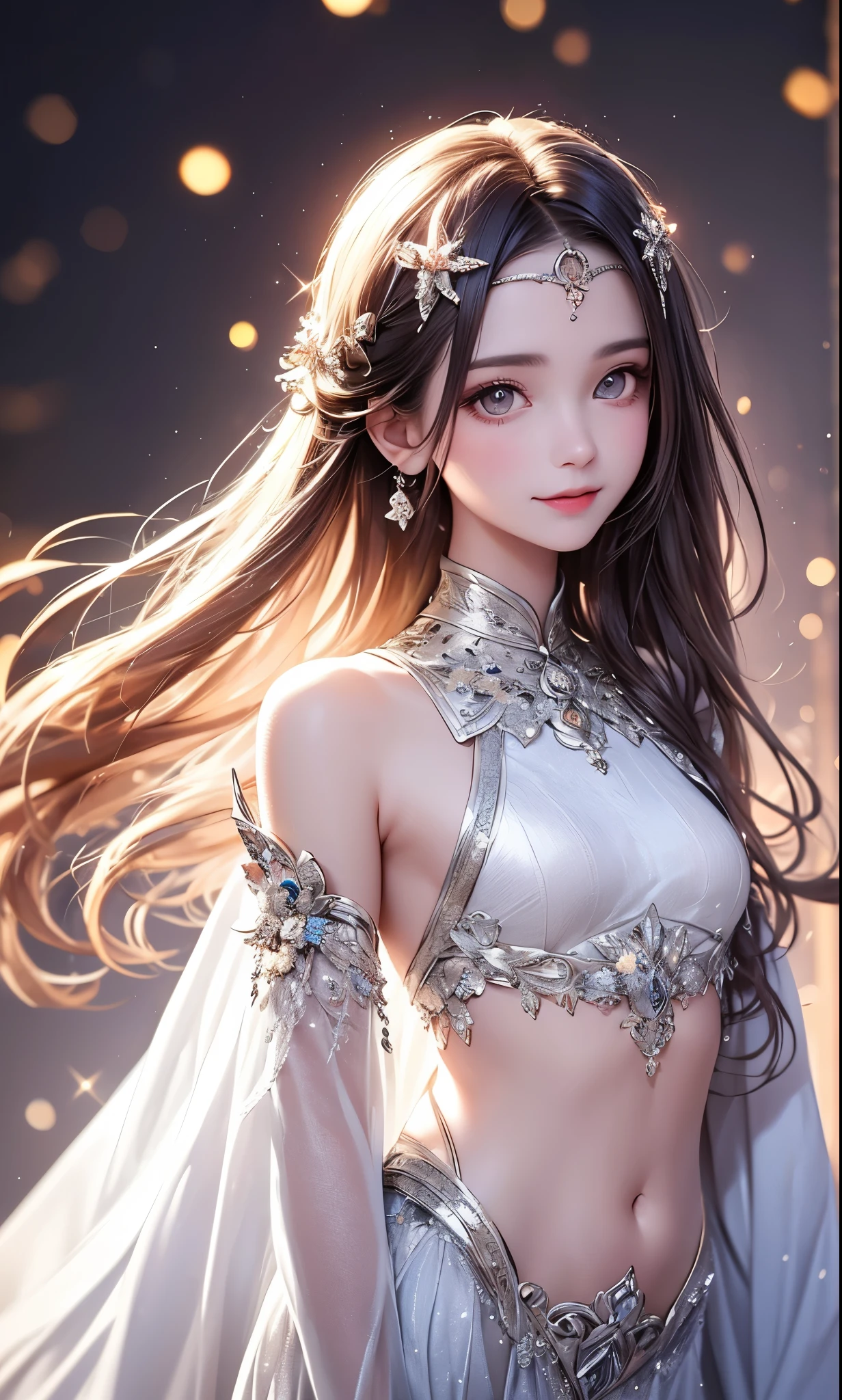 (masterpiece),(4K),High Quality,(small breasts),1 girl、 woman, Long Silver Hair ,pale skin,smile, beautifully detailed grey eyes, ( high-definition and elegant ),( white cape let fashion), magical colors and vibes, detailed skin from sleeve to chest,(Cute sparkle), light particles, The background is softly blurry ,Add a dramatic and iconic element to your scene, description boundary ahead of the large end, Bokeh, Silky to the touch , see-through silk, soft, lightweight garment、beautiful and neat face、The chest silhouette can be seen through、 hyper details,creates a dreamy and elegant atmosphere