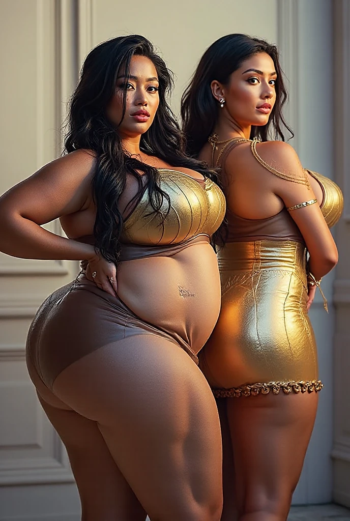 Iranian woman, aged 45, chubby, toned midriff, big butt, thick thighs, enormous saggy bust staying close to her body, dressed in translucent veils and golden chains with bells. Barefoot. She is looking back over her shoulder seductively. She is on a busy sidewalk.
