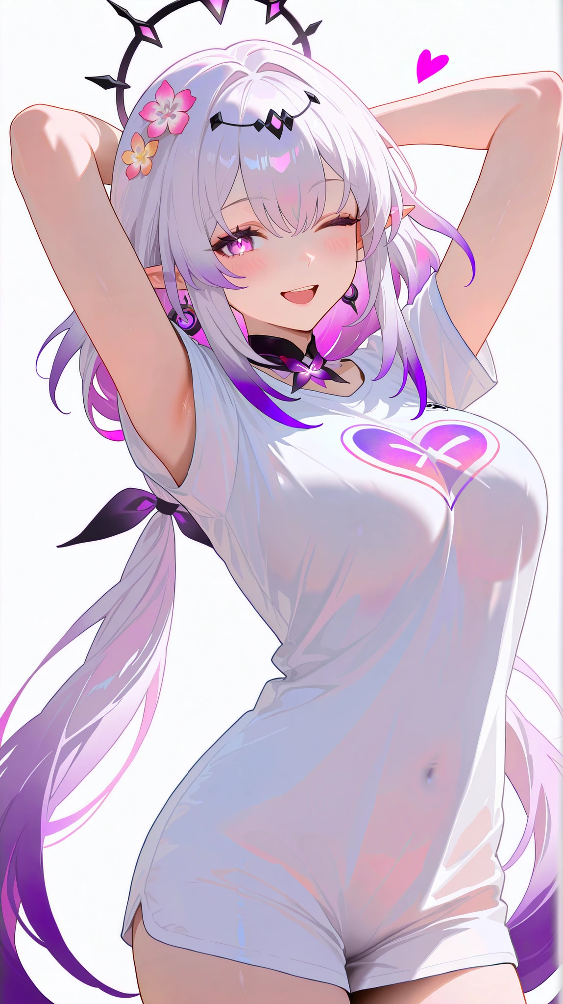 masterpiece, top quality, best quality, official art, beautiful and aesthetic:1.2),(8k, best quality, masterpiece:1.2), (((masterpiece))),(((best quality))),(((extremely detailed))), illustration, who, (masterpiece, top quality, best quality, official art, beautiful and aesthetic:1.2),(8k, best quality, masterpiece:1.2), castorice_(honkai:_star_rail), 1girl, solo, one eye closed, shirt, long hair, white background, open mouth, white shirt, multicolored hair, virtual youtuber, looking at viewer, simple background, bow, gradient hair, arms up, purple hair, arms behind head, hair bow, breasts, hair ornament, short sleeves, smile, heart, cowboy shot, pink hair, flower, very long hair, hair flower, twintails, pink eyes, white hair, medium breasts, pointy ears, t-shirt, low twintails, purple eyes, blush