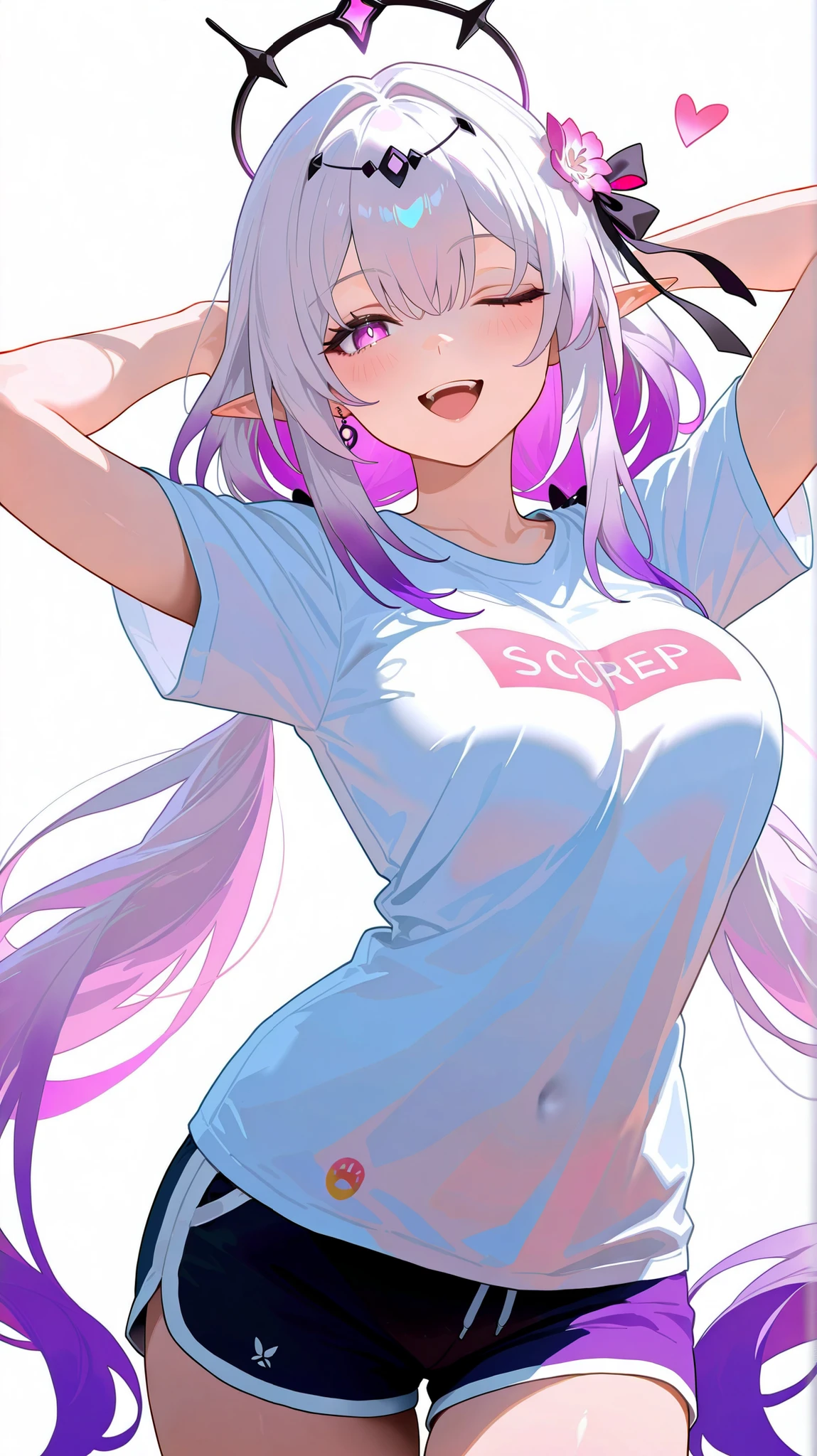 masterpiece, top quality, best quality, official art, beautiful and aesthetic:1.2),(8k, best quality, masterpiece:1.2), (((masterpiece))),(((best quality))),(((extremely detailed))), illustration, who, (masterpiece, top quality, best quality, official art, beautiful and aesthetic:1.2),(8k, best quality, masterpiece:1.2), castorice_(honkai:_star_rail), 1girl, solo, one eye closed, shirt, long hair, white background, open mouth, white shirt, multicolored hair, virtual youtuber, looking at viewer, simple background, bow, gradient hair, arms up, purple hair, arms behind head, hair bow, breasts, hair ornament, short sleeves, smile, heart, cowboy shot, pink hair, flower, very long hair, hair flower, twintails, pink eyes, white hair, medium breasts, pointy ears, t-shirt, low twintails, purple eyes, blush