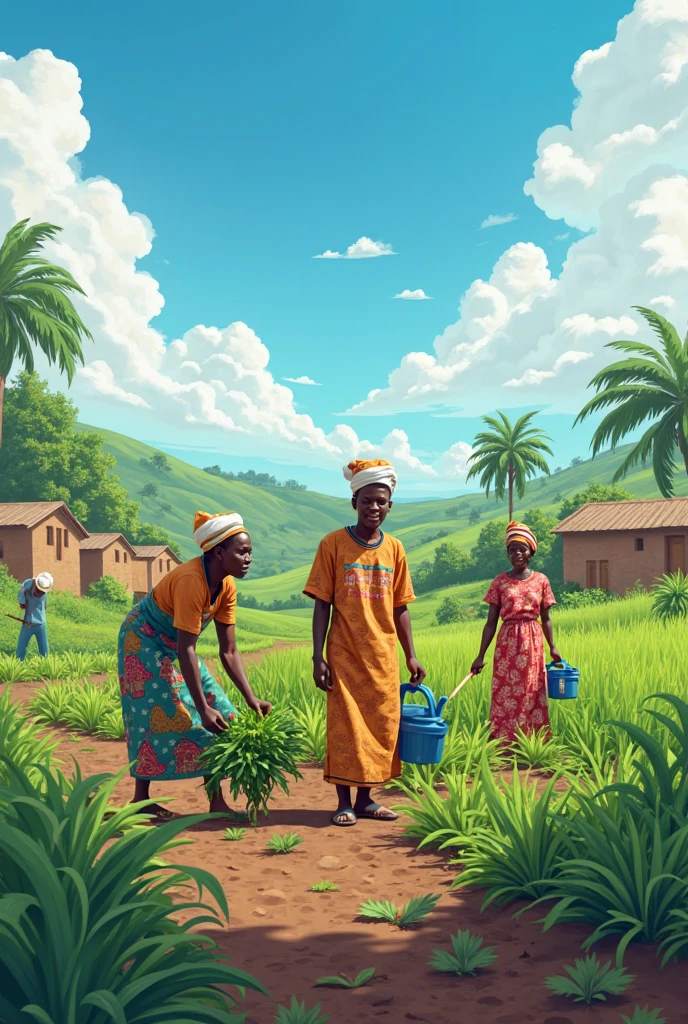 GENERATE A BEAUTIFUL IMAGE OF AGRICULTURAL EXTENSION WORKERS WORKING ON A FARM IN NIGERIA
