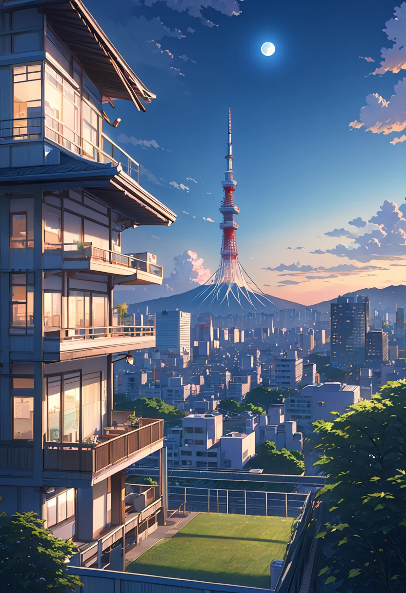 landscape, summer,  moon,  Tokyo , building, unmanned,  no one, Hot Weather, blue sky, 【HD Details, ultra detailed, membrane, hyperrealism, Soft light,  Deep Focus Blur , ray tracing,  gwise on pixiv art station , Makoto Shinkai,  artgerm