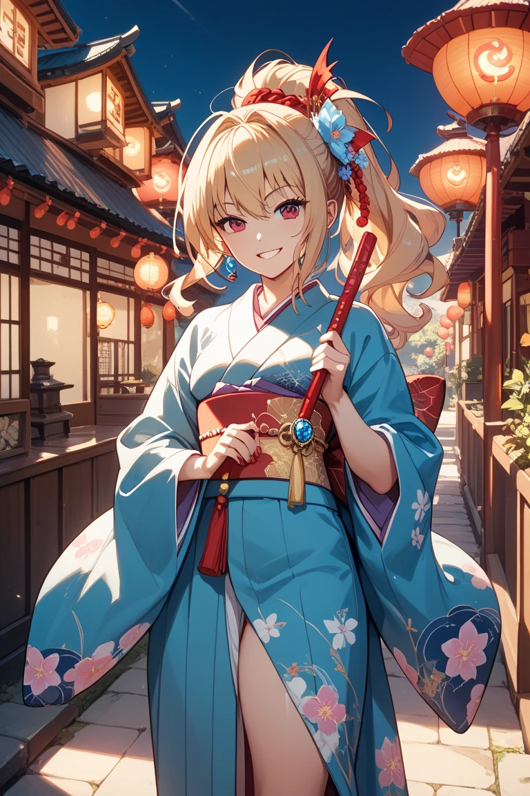 ((Masterpiece)), (Best Quality), Solo, Tsunomaki Watame, twin braids, long hair, WatameKimono, floral print, red kimono, sash, hair flower, bow, fur scarf, hat, (NSFW:1.4), Full Body