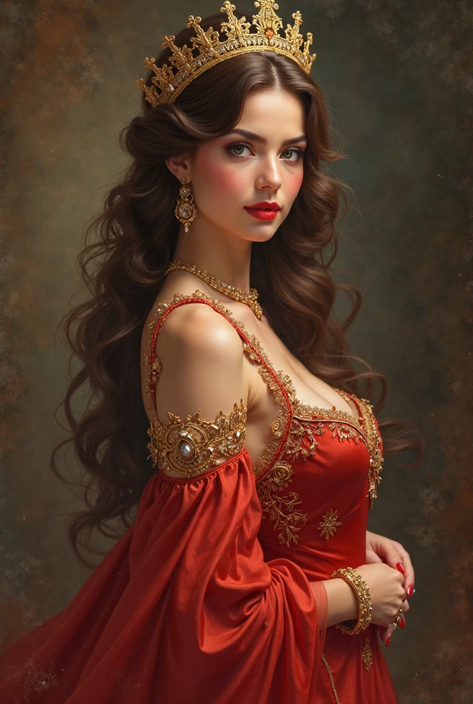 Give a priciness 1900s red dress, brown long hair, brown eyes, tan skin, blush, lashes, beautiful face, a gold crown, gold shoes with red nails 